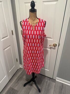 NWT Jude Connally Red Sailor Knot Print Dress with White and Blue Detail.